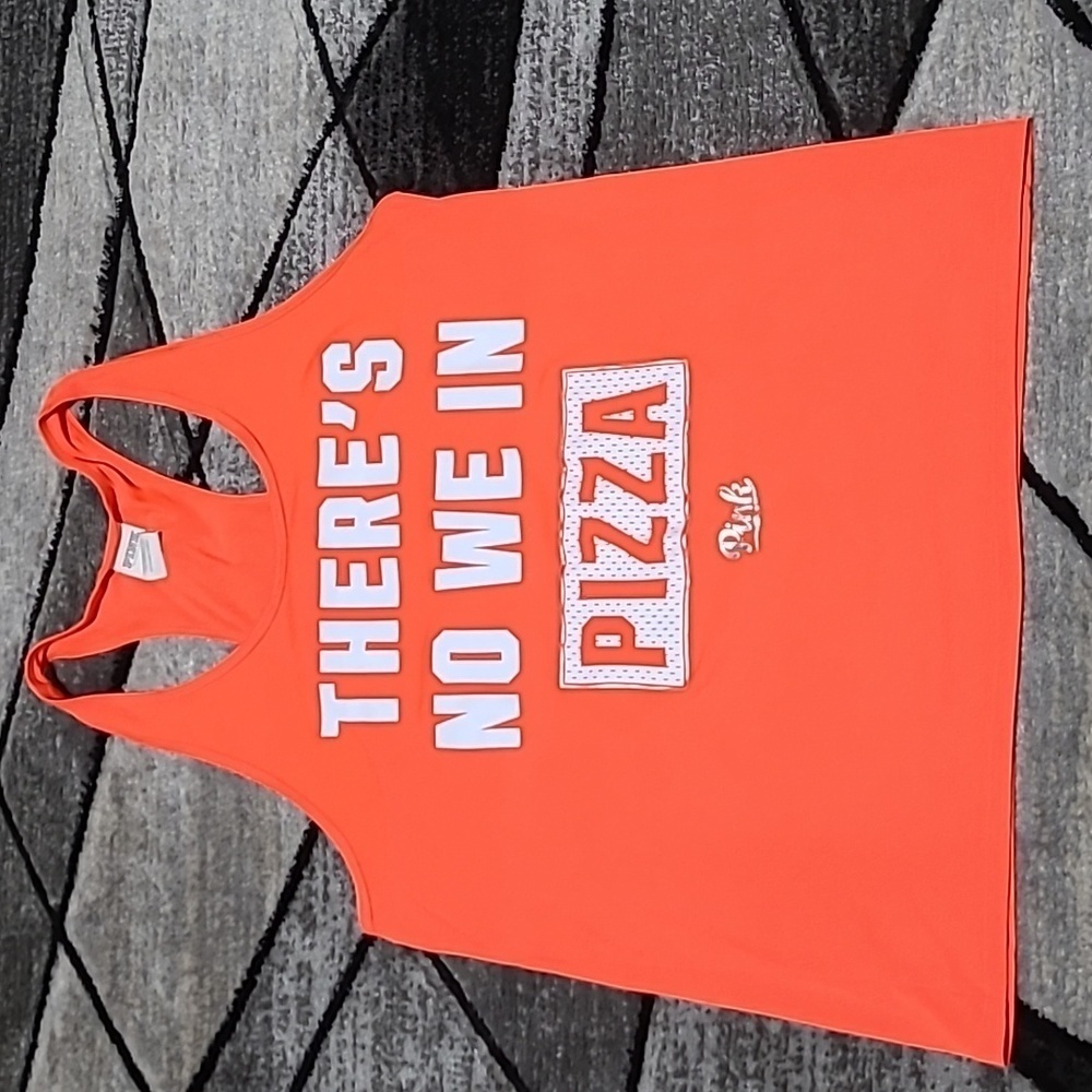 VS PINK 2015 "THERE'S NO WE IN PIZZA" SILVER SHINE CAMPUS-FIT ORANGE TANK-TOP